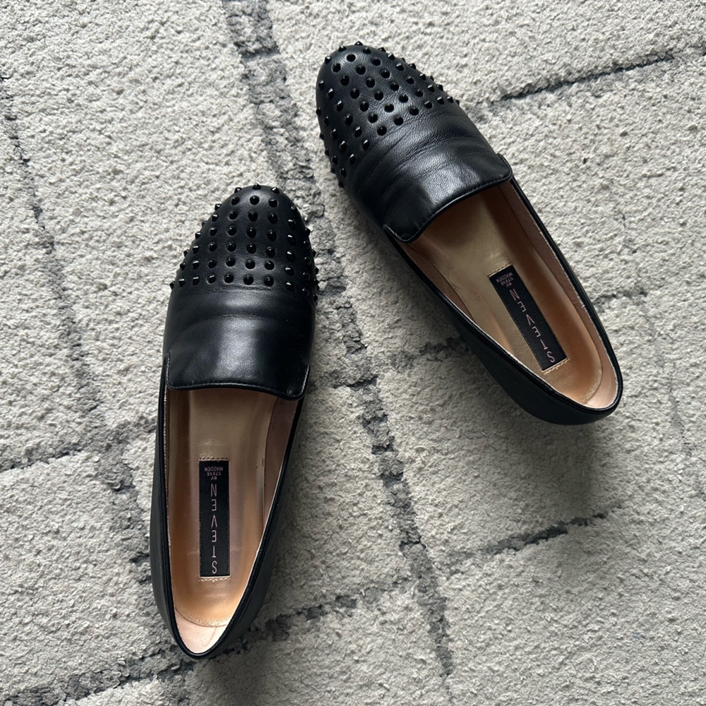 Steven by Steve Madden Studded Black Leather Smoking Slippers